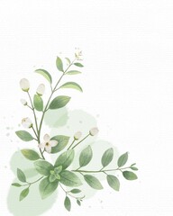 Jasmine flower watercolor, green leaves background