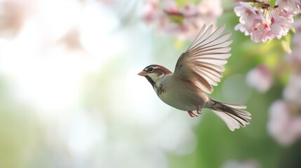 Fototapeta premium Graceful Flying Sparrow against a Bright White Backdrop â€“ Capturing the Essence of Nature's Small Garden Bird