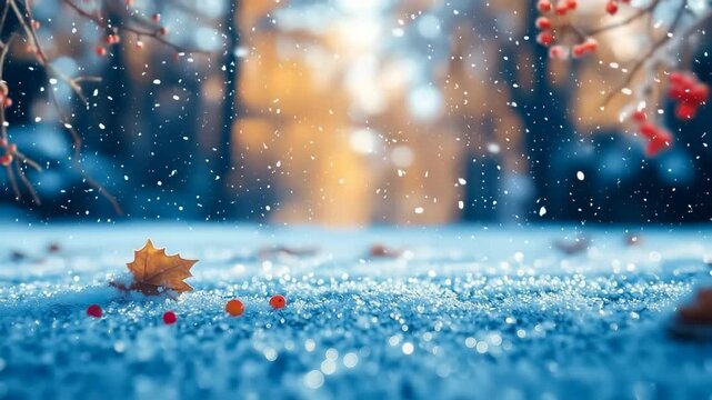 Snowberries and Fallen Leaf on Snow, Serene Winter Scenery