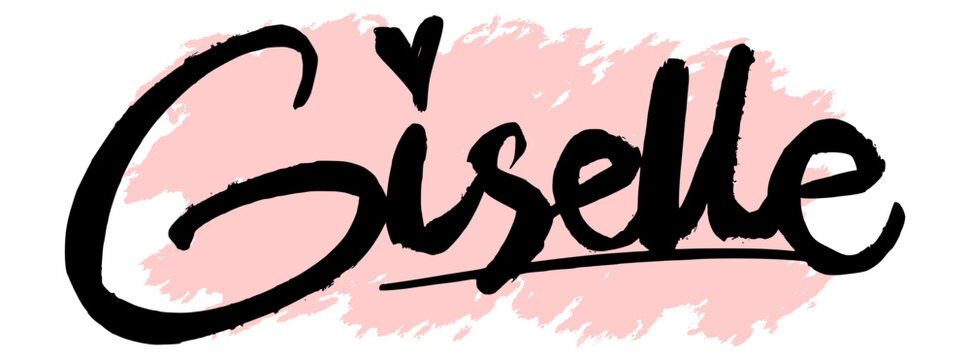 Handwritten black graffiti name &ldquo;Giselle&rdquo; with pink splatter background. Feminine and modern urban tag perfect for digital stickers, fashion prints, and graffiti-style artwork.