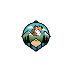 Mountain peak summit logo design. Outdoor hiking adventure icon set. Alpine wilderness travel symbol. Vector illustration.