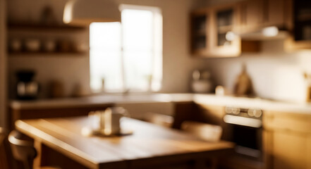 Blurry kitchen interior with wooden table cabinets window and natural light.