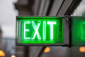 Bright green emergency exit sign mounted on building wall