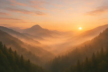 Fototapeta premium Mountain landscape at sunrise with misty valleys and clouds painting the sky