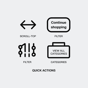Black and White Quick Actions Icons Set Scroll Top Filter Continue Shopping View All Categories Graphic Design Elements