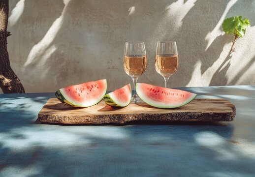 Summer drinks and watermelon slices on a rustic board