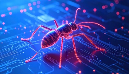 Digital ant traversing a complex circuit board with neon illumination