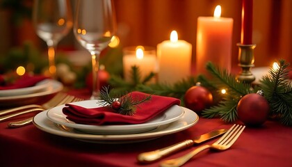Festive Christmas Table Setting with Candles and Elegant Red Napkins for a Holiday Dinner