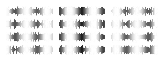 Waving, vibration and pulsing editable lines for financial monitoring. Radio sound wave set. Voice message. Audio icon. Waveform for music player interface. Recording. Equalizer template