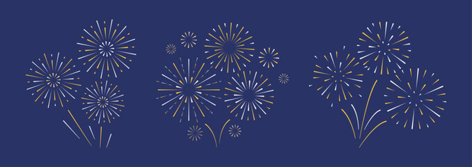 Fireworks on sky background. Set of sparkle icons in white yellow color and flat style. Celebration, winner, New year party, anniversary poster and banner decoration. Simple explosion.