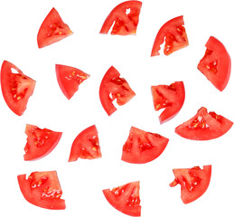 A collection of sliced tomato pieces arranged artistically on a white background.
