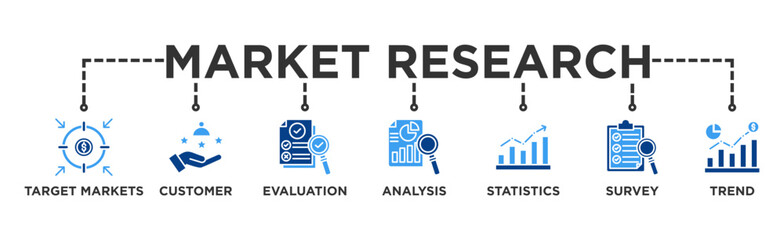 Market research banner web icon vector illustration concept with icon of target markets, customer, evaluation, analysis, statistics, survey and trend
