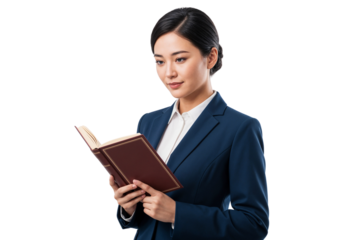 Businesswoman in formal suit reading a book, isolated on transparent background
