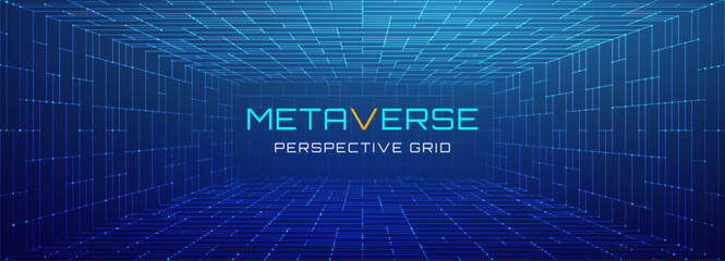 Metaverse grid background in 3D space with deep perspective and line structure. Box room and wireframe matrix form a VR cube. Futuristic abstract tunnel in digital cyberspace.