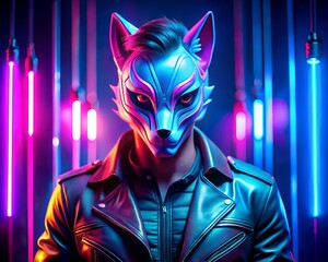 Cyberpunk fashion model wearing a futuristic fox mask in neon lights