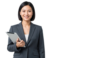 Smiling businesswoman in formal suit holding a tablet, isolated on transparent background, perfect for tech, business, and professional concepts
