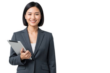 Smiling businesswoman in formal suit holding a tablet, isolated on transparent background, perfect for tech, business, and professional concepts