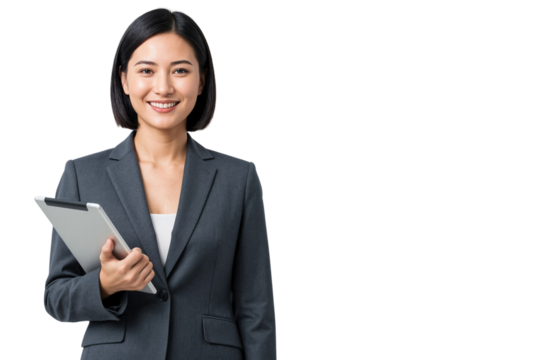 Smiling businesswoman in formal suit holding a tablet, isolated on transparent background, perfect for tech, business, and professional concepts - Powered by Adobe
