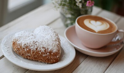  sugar icing and romantic coffee with foam in the shape of a heart, Generative AI