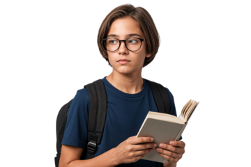 Handsome young school boy with glasses holding an open book while looking away, isolated on transparent background