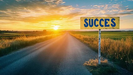 A glowing yellow success sign stands tall, guiding dreamers toward achievement, ambition.