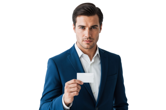 Business executive presenting a blank card or name tag, ideal for use in advertising, corporate templates, or networking visuals