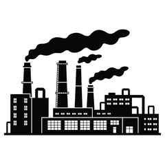 Obraz premium Factory Silhouette with Smoke Stacks Emitting Pollution in Black and White