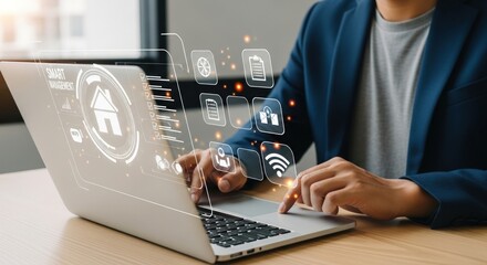 Person using laptop with smart home management interface overlayed on the screen display showing icons
