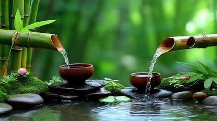 Zen garden water feature with bamboo spouts and stone arrangement in lush greenery