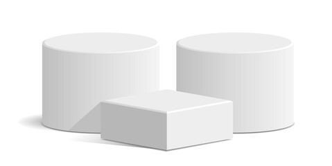 Cylinder and cube blocking white podium stage pedestal and platform vector, a minimalist display composition. Ideal for product showcases, geometric presentations, and modern abstract backdrops.