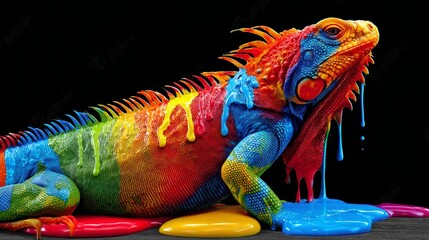 Vibrant multicolored iguana with dripping paint against black background