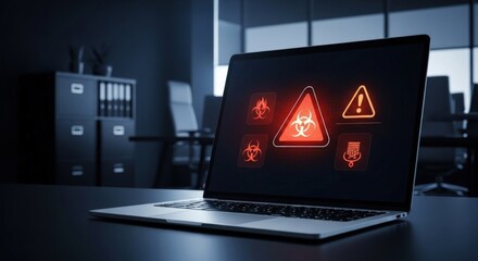 A laptop displaying red warning icons on the screen with a dark office background and filing cabinet
