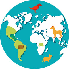 Naklejka premium Cartoon world map with animals representing each region, vector infographic with white background.