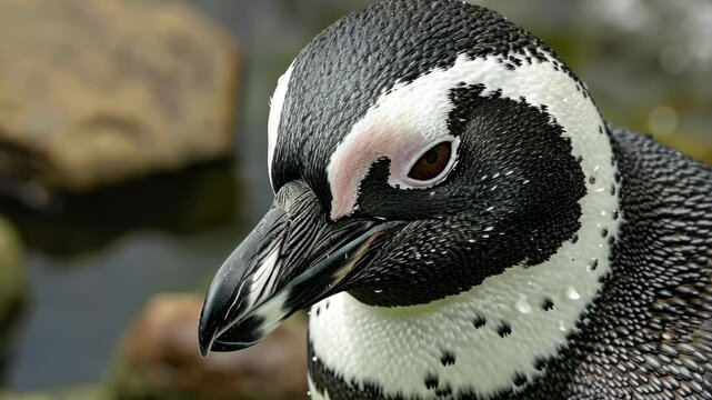 An African penguin close-up in a coastal habitat displaying its distinctive black and white plumage while surrounded by rocky terrain and water during daylight hours