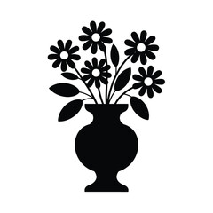 Elegant Black Silhouette of Flowers in a Vase on White Background
