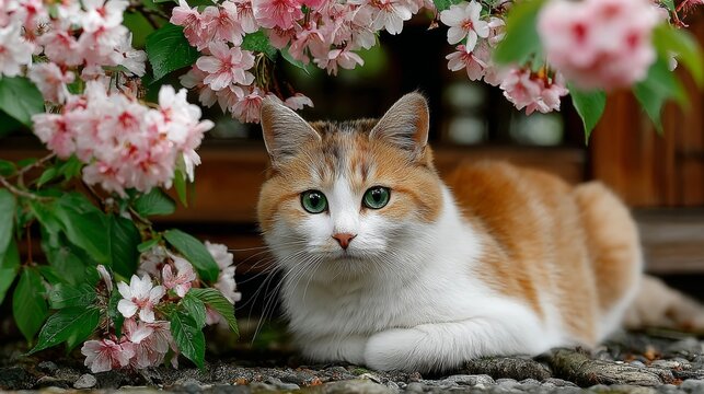 Calico cat resting among pink blossoms in tranquil garden setting