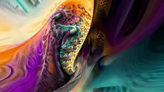 Exploring the depths of fourth dimension through intricate artistic abstraction filled with vibrant colors and swirling patterns representing the interplay of form and space