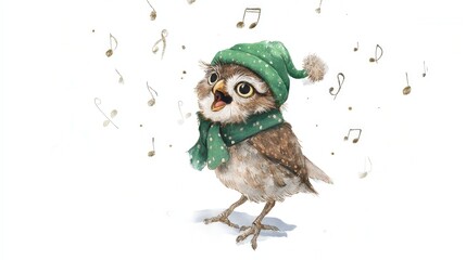 Charming watercolor owl in a green winter hat singing Christmas carols, with floating musical notes on a white background. Perfect for festive cards, children’s books, and holiday designs.
