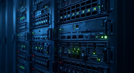 Futuristic Supercomputer Rack Server with Blinking Lights and Copy Space.