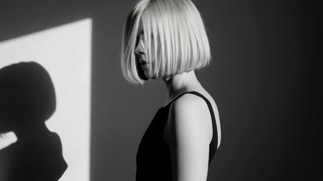 A young woman with a short, blunt blonde bob hairstyle is captured in a black and white portrait, with a dramatic shadow cast on the wall behind her
