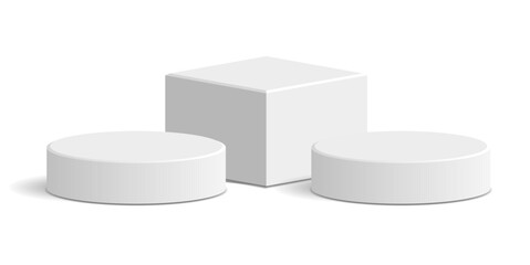 Cylinder and cube blocking white podium stage pedestal and platform vector, a minimalist display composition. Ideal for product showcases, geometric presentations, and modern abstract backdrops.