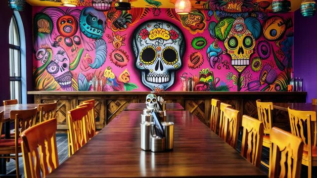 Vibrant Day of the Dead decorations create a lively atmosphere in a Mexican restaurant showcasing colorful murals and inviting seating arrangements for diners