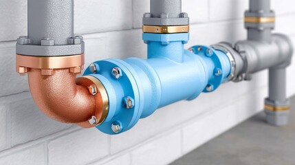 Industrial plumbing system with blue and copper pipes on white brick wall