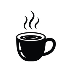 Black and white vector illustration of a steaming cup of coffee