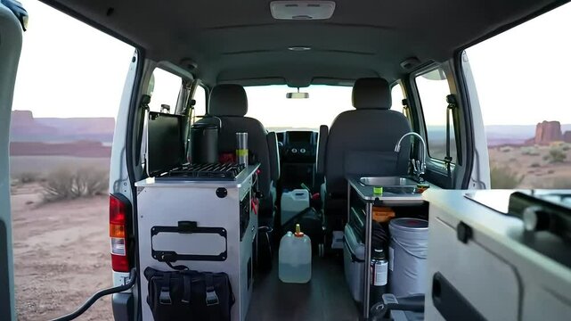 Interior View of a Camper Van with Kitchenette and Desert Landscape at Dusk