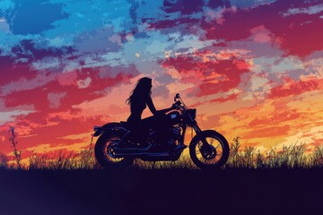 Fototapeta premium Romantic Silhouette of a Couple on a Motorcycle - Woman Reclining, Man Standing Against a Beautiful Sunset Background