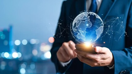 A person in a suit holding a smartphone, with a holographic representation of the earth and network connections displayed - Powered by Adobe