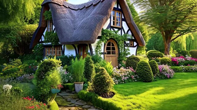 Charming old English cottage with thatched roof surrounded by a vibrant garden in full bloom on a sunny day