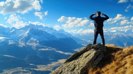 Obraz premium A Man Gazing Towards Distant Mountains: An Inspiration for Adventure and Success