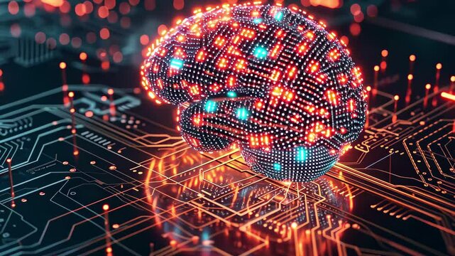 The neural interface showcases a human brain depicted with bright digital elements interacting with a complex network of circuitry